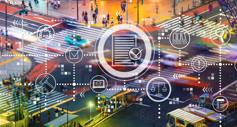 Compliance theme with city traffic intersection